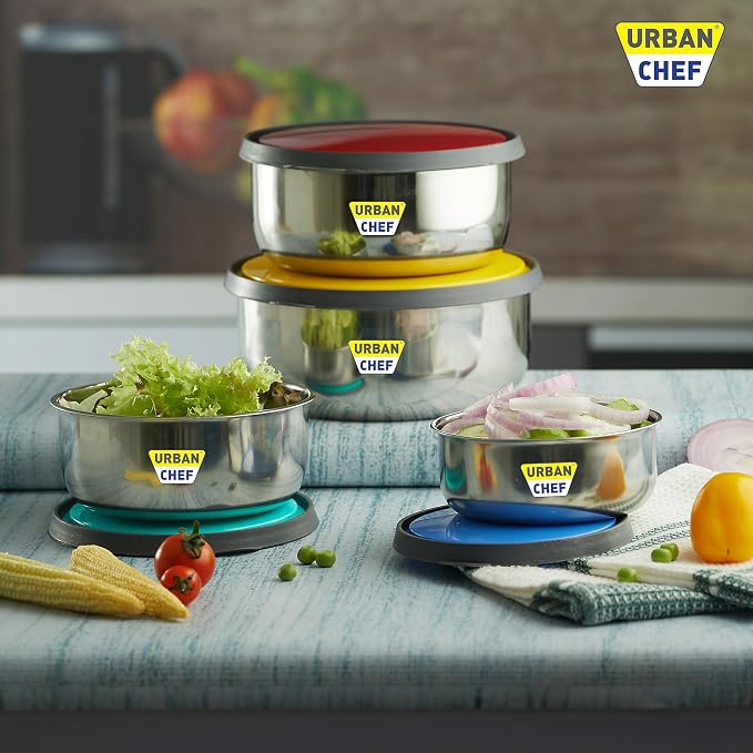 URBAN CHEF Fresca Stainless Steel Push & Lock Bowl Storage Set with Multi Colour Lid, 4-Pieces, 500 ml, 750 ml, 1150 ml, 1650 m