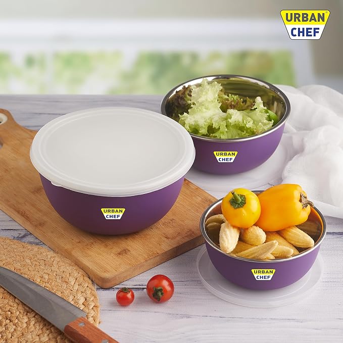 URBAN CHEF Mixing Bowl Set of 3 Stainless Steel (500ml, 800ml, 1250ml) | Microwave Safe & Dishwasher Safe | ISI Certified Bowls | Bowl Set With Lid | Serving Bowls | Blue