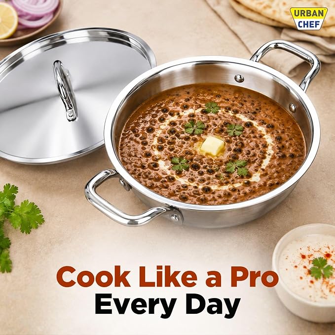URBAN CHEF Triply Stainless Steel Kadhai with Lid 24cm | 3-Layer Triply Base | Stainless Steel Handles | Induction & Gas Compatible | Deep Frying kadai | Rust-Proof | Mirror Finish