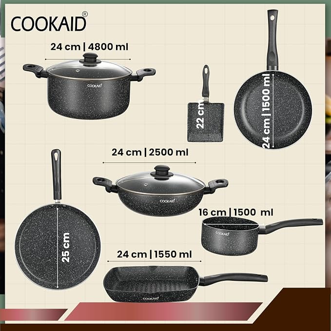COOKAID Cookware Set Non Stick | 11Pcs Set - Kadhai & Casserole with Lid, 2Fry Pan, Toasting Pan, Saucepan & Dosa Tawa with 2Pcs Nylon Tool | Gas & Induction Compatible (Black, Cookware 11 pcs)