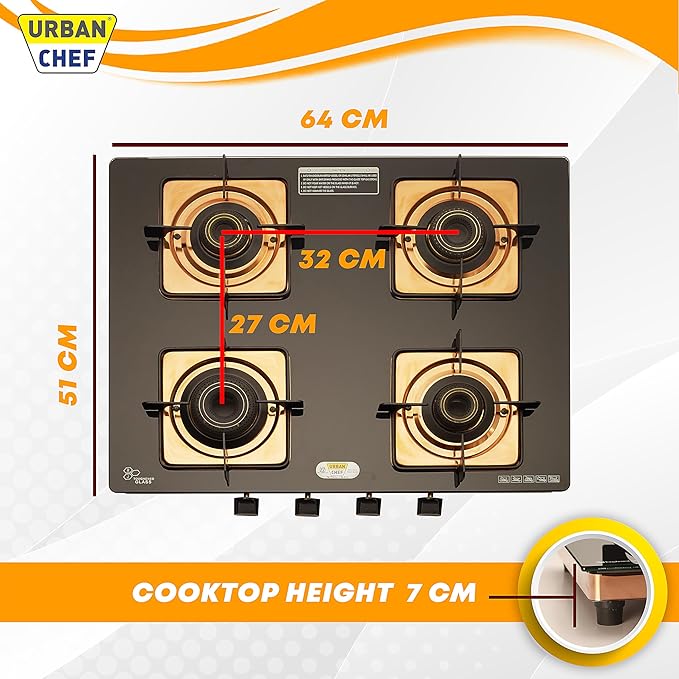 Urban Chef Gas Stove 4 Burners Glass Top | ISI Certified 4 Burner Stoves | Kitchen Gas Chulha LPG & PNG Compatible | Toughned Brass Burner Manual Ignition Cooktops | Stove,360° Nozzle-Rose Gold PVD