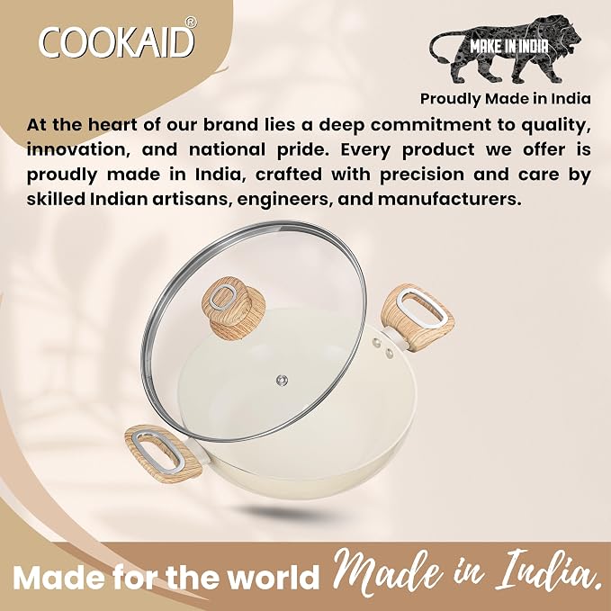 COOKAID Kadhai With Glass Lid 24cm 2.5 Litre | Velora Non Stick Ceramic Coating |  ISI Certified | Aluminium Body | Kitchen Cookware Kadai for Cooking Woks-Cream | Induction Stovetop Compatible
