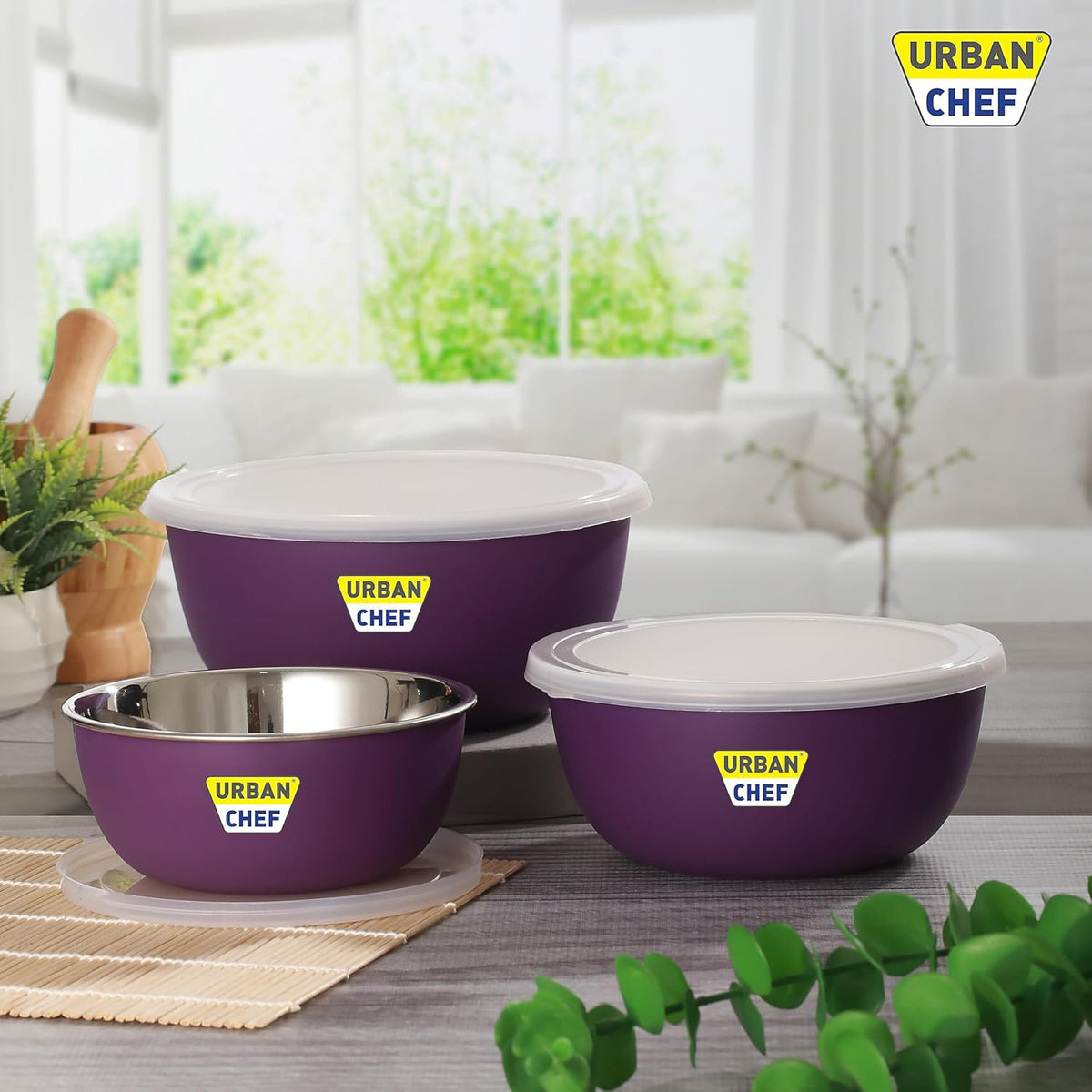 URBAN CHEF Mixing Bowl Set of 3 Stainless Steel (500ml, 800ml, 1250ml) | Microwave Safe & Dishwasher Safe | ISI Certified Bowls | Bowl Set With Lid | Serving Bowls | Blue