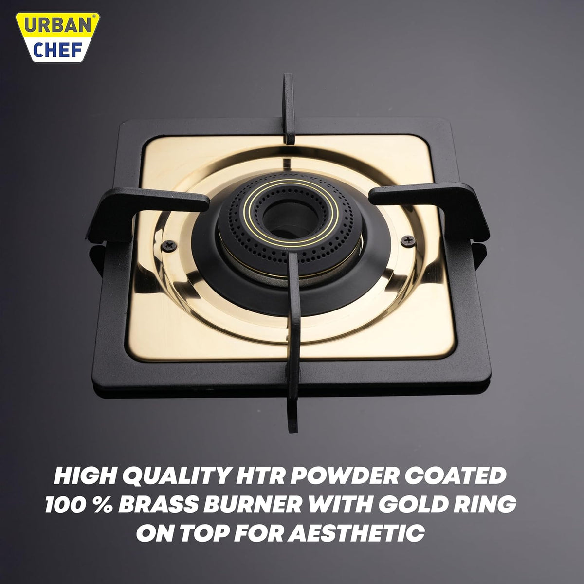 Urban Chef Gas Stove Tempered Glass | ISI Certified Stoves | Kitchen Gas Chulha LPG & PNG Compatible | Brass Burner Manual Ignition Cooktops | Glass Stove, 360° Nozzle-Gold PVD