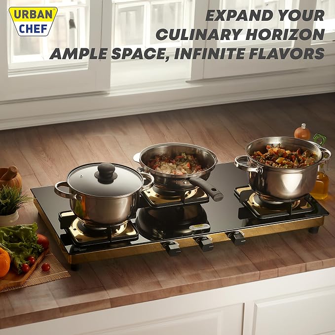 Urban Chef Gas Stove Tempered Glass | ISI Certified Stoves | Kitchen Gas Chulha LPG & PNG Compatible | Brass Burner Manual Ignition Cooktops | Glass Stove, 360° Nozzle-Gold PVD