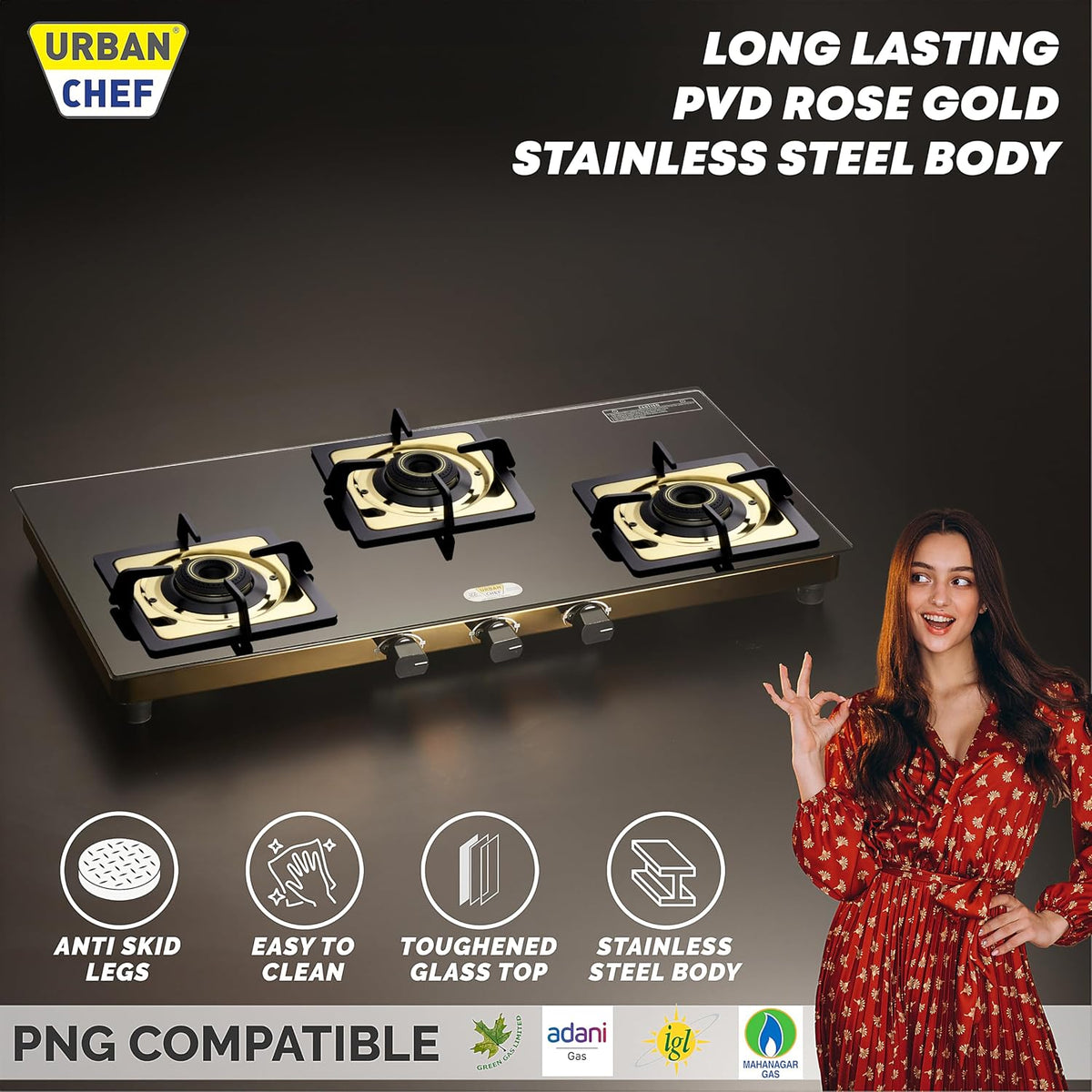 Urban Chef Gas Stove Tempered Glass | ISI Certified Stoves | Kitchen Gas Chulha LPG & PNG Compatible | Brass Burner Manual Ignition Cooktops | Glass Stove, 360° Nozzle-Gold PVD