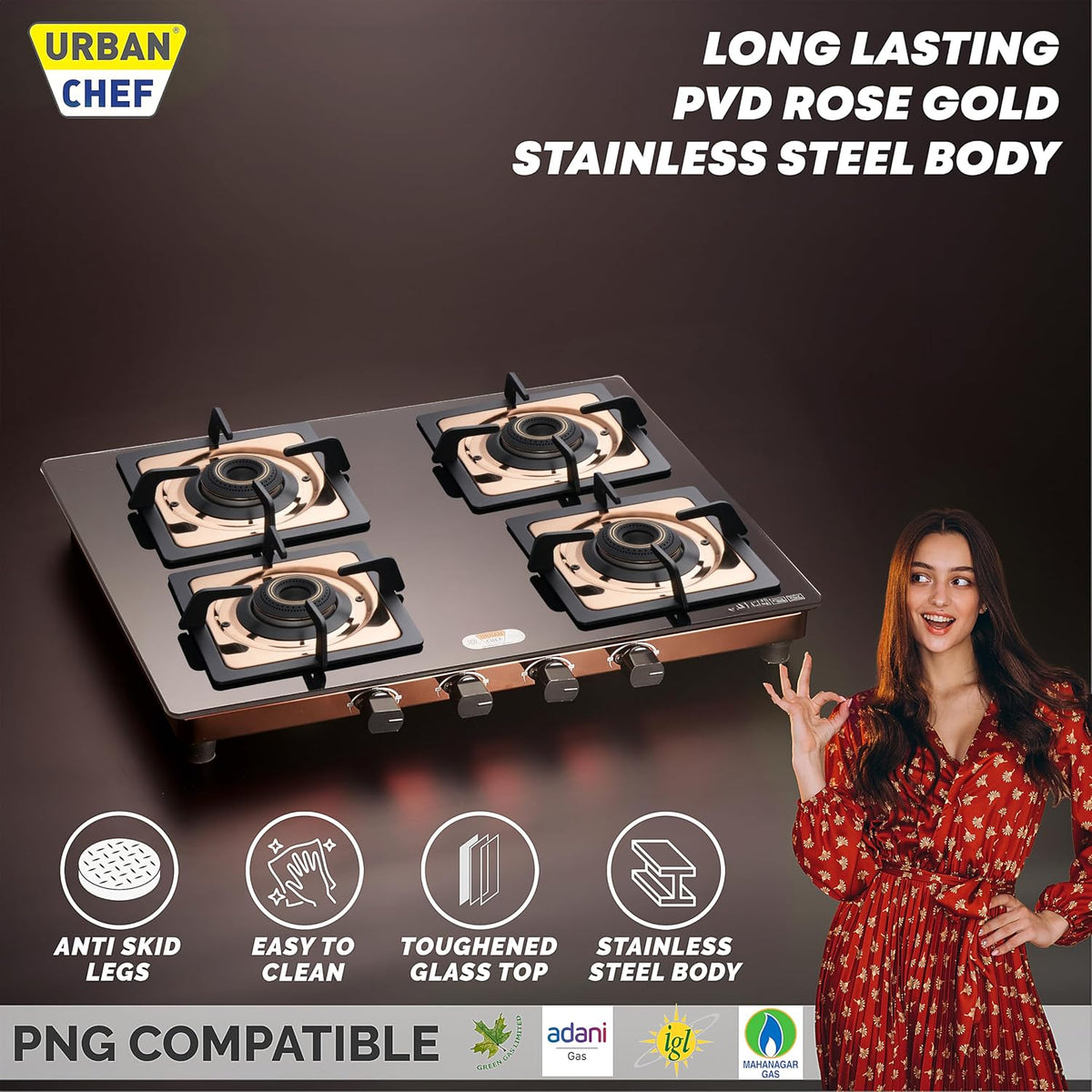 Urban Chef Gas Stove 4 Burners Glass Top | ISI Certified 4 Burner Stoves | Kitchen Gas Chulha LPG & PNG Compatible | Toughned Brass Burner Manual Ignition Cooktops | Stove,360° Nozzle-Rose Gold PVD