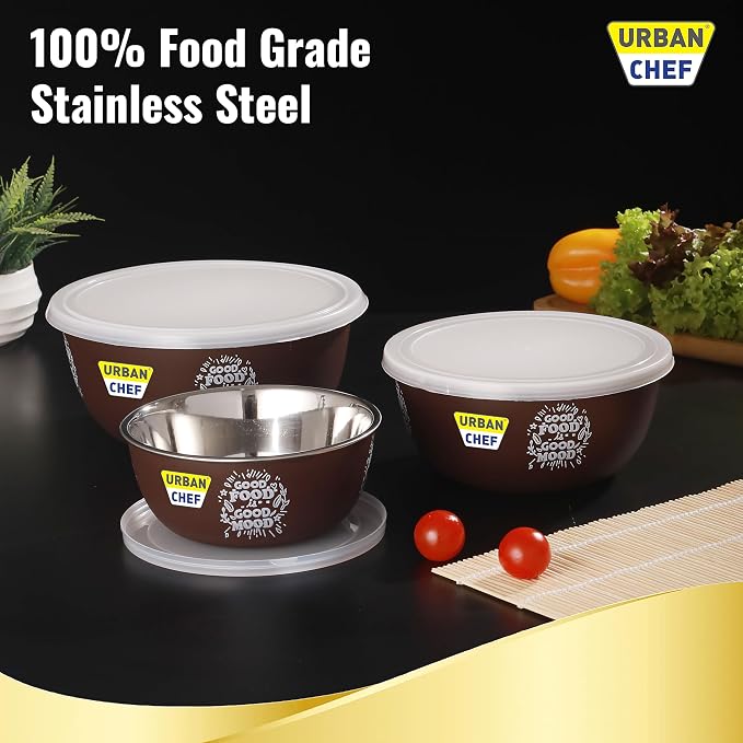 URBAN CHEF Mixing Bowl Set of 3 Stainless Steel (500ml, 800ml, 1250ml) | Microwave Safe & Dishwasher Safe | ISI Certified Bowls | Bowl Set With Lid | Serving Bowls | Blue