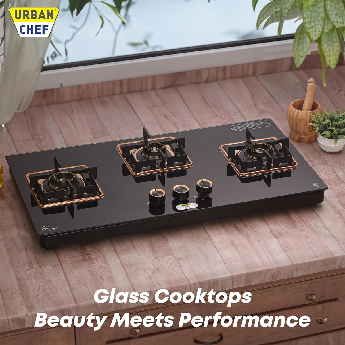 Urban Chef Gas Stove Glass Top | ISI Certified Stoves | Gas Chulha LPG & PNG | Brass Burner Auto Ignition Cooktops | Hob Top, Easy Grip Knobs Toughened Glass Stove,360° Nozzle