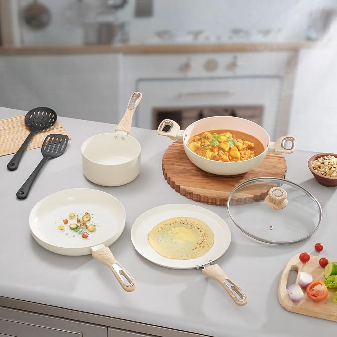 COOKAID Cookware Set Non Stick | 7 Pcs Set - Kadhai with Lid, Fry Pan, Saucepan & Dosa Tawa with 2Pcs Nylon Tool | ISI Certified | Gas & Induction Compatible | Velora - Cream