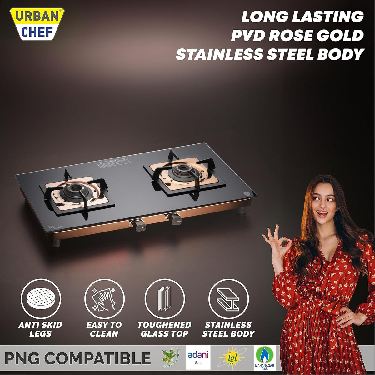 Urban Chef Gas Stove 2 Burners Tempered Glass | ISI Certified 2 Burner Stove | Home & Kitchen Gas Chulha LPG & PNG Compatible | Brass Burner Manual Ignition Cooktops |Stove,360° Nozzle | Rose Gold PVD