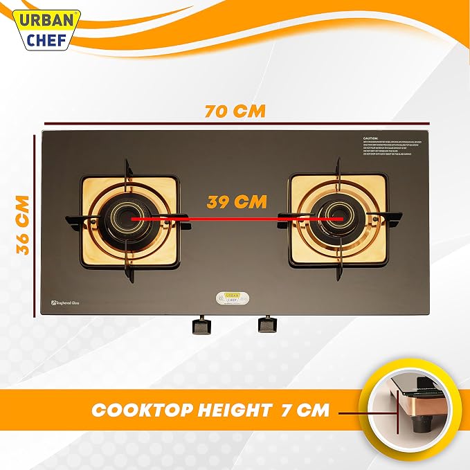 Urban Chef Gas Stove 2 Burners Tempered Glass | ISI Certified 2 Burner Stove | Home & Kitchen Gas Chulha LPG & PNG Compatible | Brass Burner Manual Ignition Cooktops |Stove,360° Nozzle | Rose Gold PVD