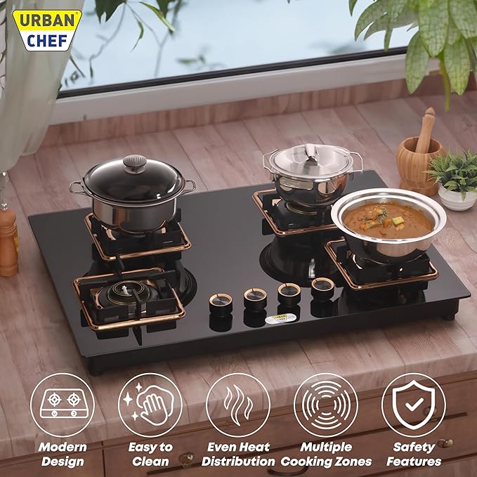 Urban Chef Gas Stove Glass Top | ISI Certified Stoves | Gas Chulha LPG & PNG | Brass Burner Auto Ignition Cooktops | Hob Top, Easy Grip Knobs Toughened Glass Stove,360° Nozzle