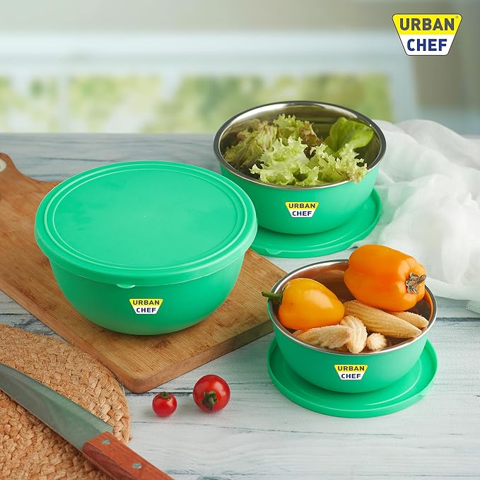 URBAN CHEF Mixing Bowl Set of 3 Stainless Steel (500ml, 800ml, 1250ml) | Microwave Safe & Dishwasher Safe | ISI Certified Bowls | Bowl Set With Lid | Serving Bowls | Blue