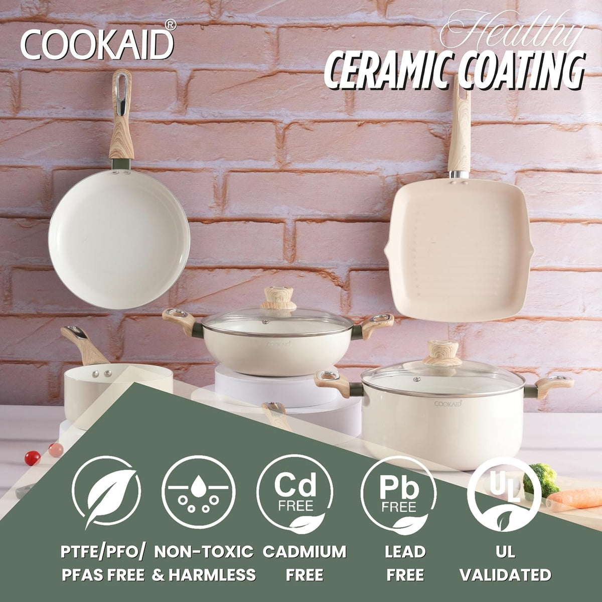 COOKAID Cookware Set Non Stick | 11Pcs Set - Kadhai & Casserole with Lid, 2Fry Pan, Toasting Pan, Saucepan & Dosa Tawa with 2Pcs Nylon Tool | Gas & Induction Compatible (Black, Cookware 11 pcs)