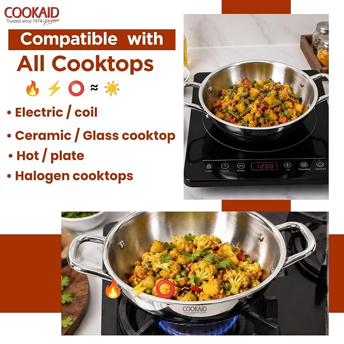 Cookaid Triply Stainless Steel Kadhai 24cm with Lid | 3-Layer Triply Base | Stainless Steel Handles | Induction & Gas Compatible | Heavy Gauge | Rust-Proof | Mirror Finish | SS With Lid