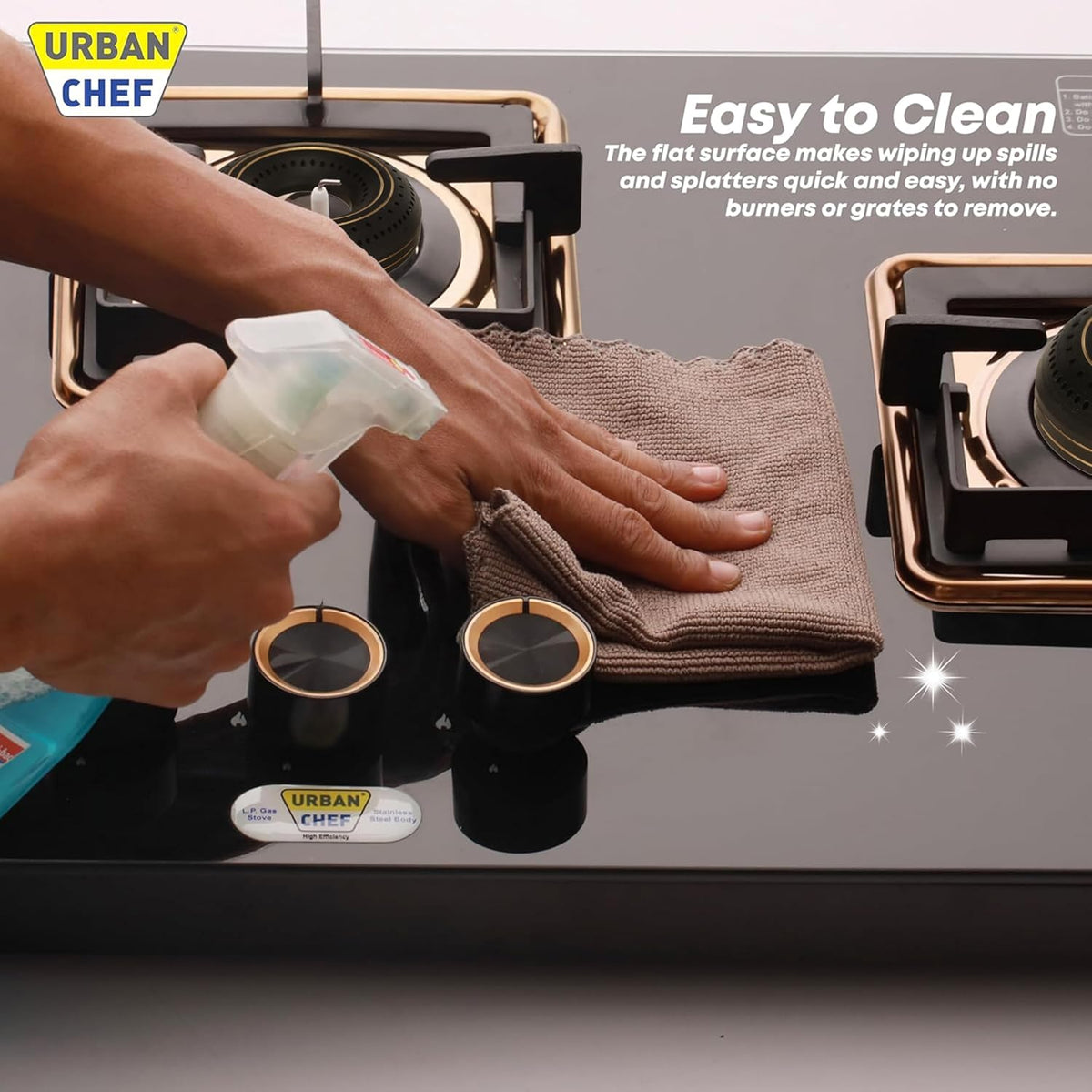 Urban Chef Gas Stove Glass Top | ISI Certified Stoves | Gas Chulha LPG & PNG | Brass Burner Auto Ignition Cooktops | Hob Top, Easy Grip Knobs Toughened Glass Stove,360° Nozzle