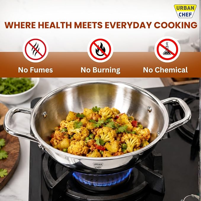 URBAN CHEF Triply Stainless Steel Kadhai with Lid 24cm | 3-Layer Triply Base | Stainless Steel Handles | Induction & Gas Compatible | Deep Frying kadai | Rust-Proof | Mirror Finish
