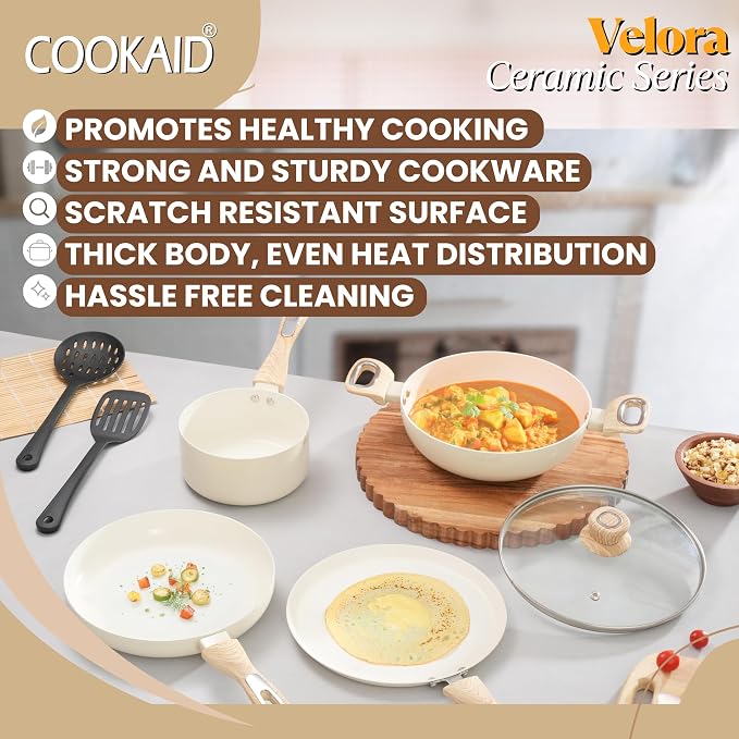 COOKAID Cookware Set Non Stick | 7 Pcs Set - Kadhai with Lid, Fry Pan, Saucepan & Dosa Tawa with 2Pcs Nylon Tool | ISI Certified | Gas & Induction Compatible | Velora - Cream