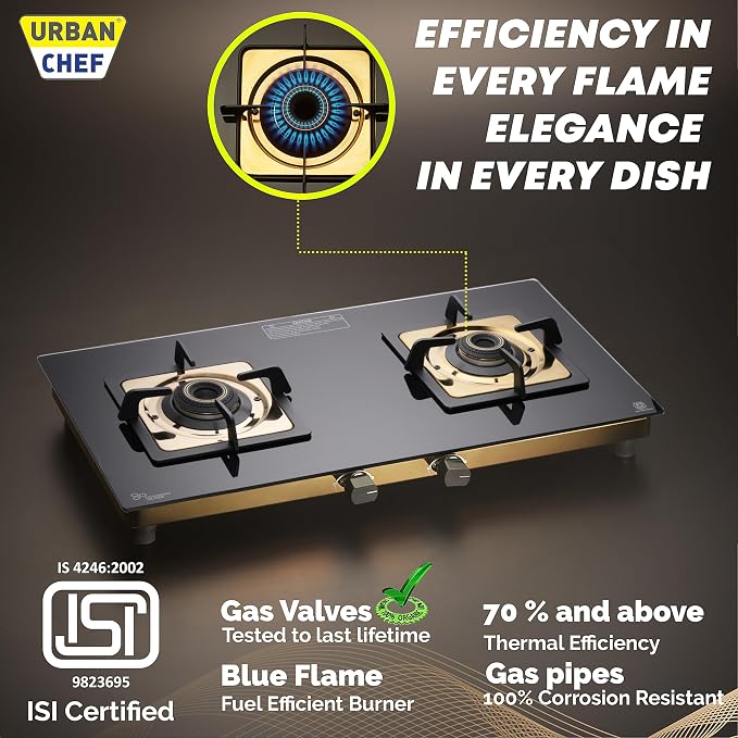 Urban Chef Gas Stove Tempered Glass | ISI Certified Stoves | Kitchen Gas Chulha LPG & PNG Compatible | Brass Burner Manual Ignition Cooktops | Glass Stove, 360° Nozzle-Gold PVD