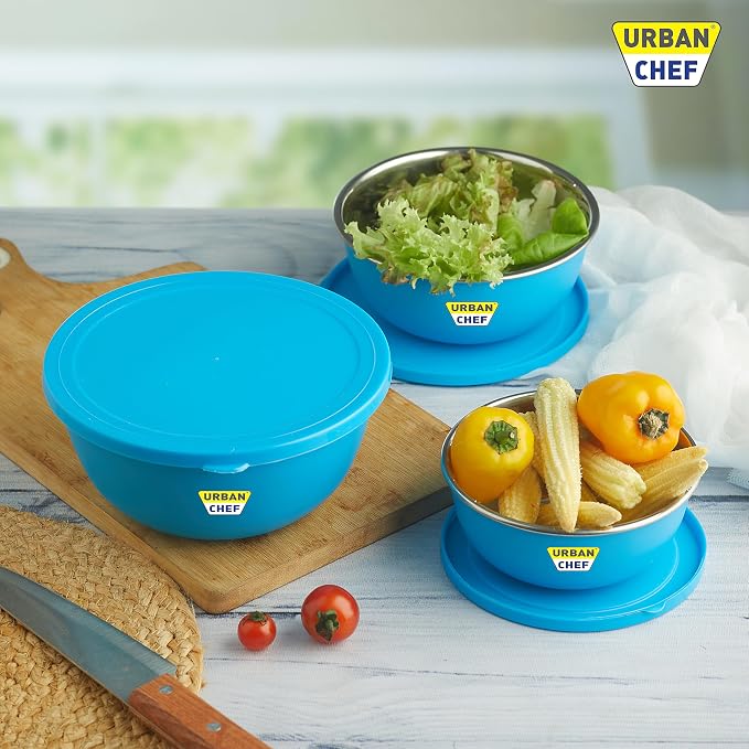 URBAN CHEF Mixing Bowl Set of 3 Stainless Steel (500ml, 800ml, 1250ml) | Microwave Safe & Dishwasher Safe | ISI Certified Bowls | Bowl Set With Lid | Serving Bowls | Blue