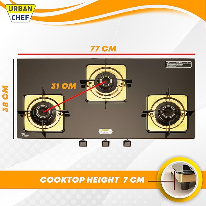 Urban Chef Gas Stove Tempered Glass | ISI Certified Stoves | Kitchen Gas Chulha LPG & PNG Compatible | Brass Burner Manual Ignition Cooktops | Glass Stove, 360° Nozzle-Gold PVD