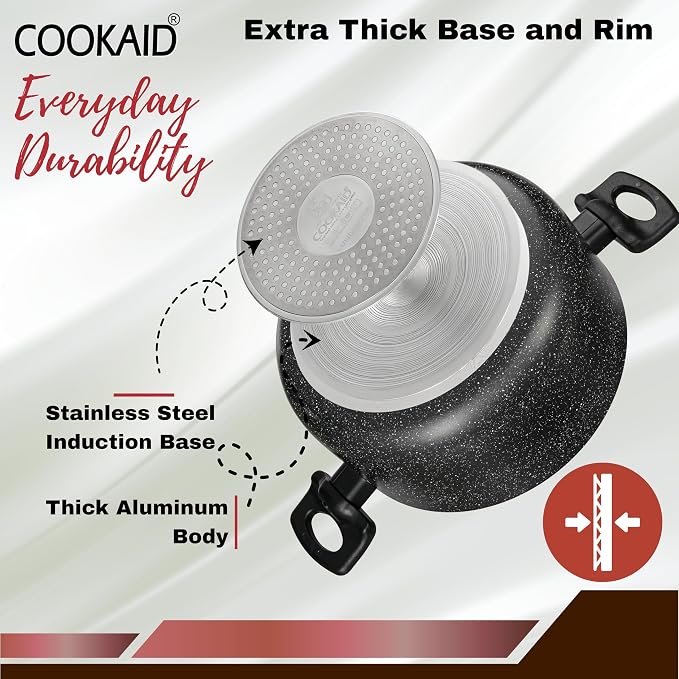 COOKAID Cookware Set Non Stick | 11Pcs Set - Kadhai & Casserole with Lid, 2Fry Pan, Toasting Pan, Saucepan & Dosa Tawa with 2Pcs Nylon Tool | Gas & Induction Compatible (Black, Cookware 11 pcs)