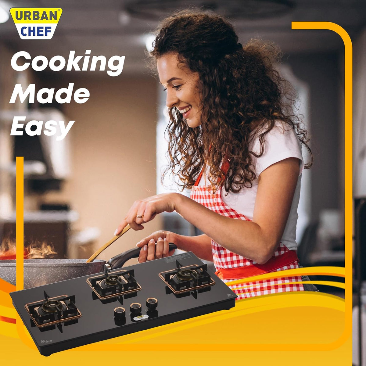 Urban Chef Gas Stove Glass Top | ISI Certified Stoves | Gas Chulha LPG & PNG | Brass Burner Auto Ignition Cooktops | Hob Top, Easy Grip Knobs Toughened Glass Stove,360° Nozzle
