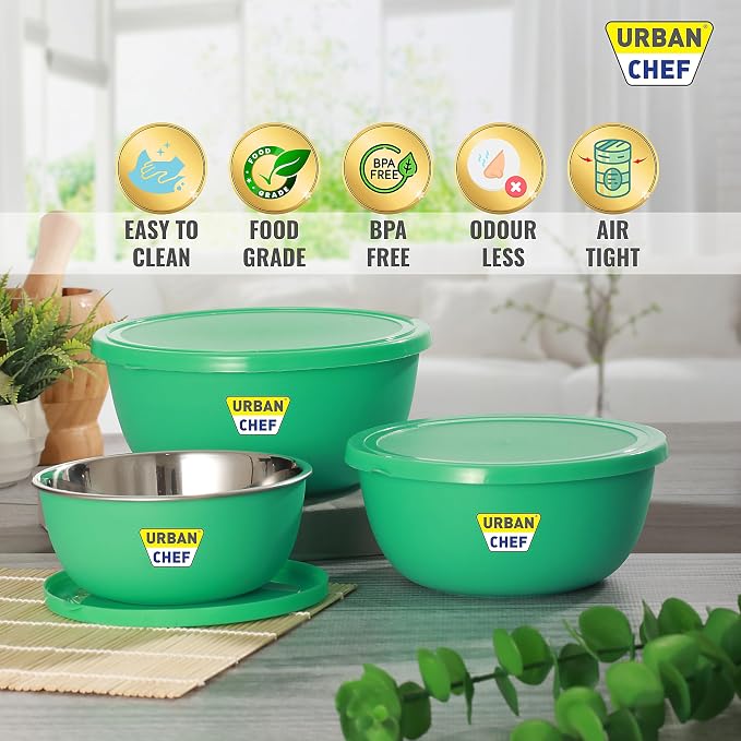 URBAN CHEF Mixing Bowl Set of 3 Stainless Steel (500ml, 800ml, 1250ml) | Microwave Safe & Dishwasher Safe | ISI Certified Bowls | Bowl Set With Lid | Serving Bowls | Blue