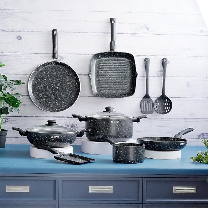 COOKAID Cookware Set Non Stick | 11Pcs Set - Kadhai & Casserole with Lid, 2Fry Pan, Toasting Pan, Saucepan & Dosa Tawa with 2Pcs Nylon Tool | Gas & Induction Compatible (Black, Cookware 11 pcs)