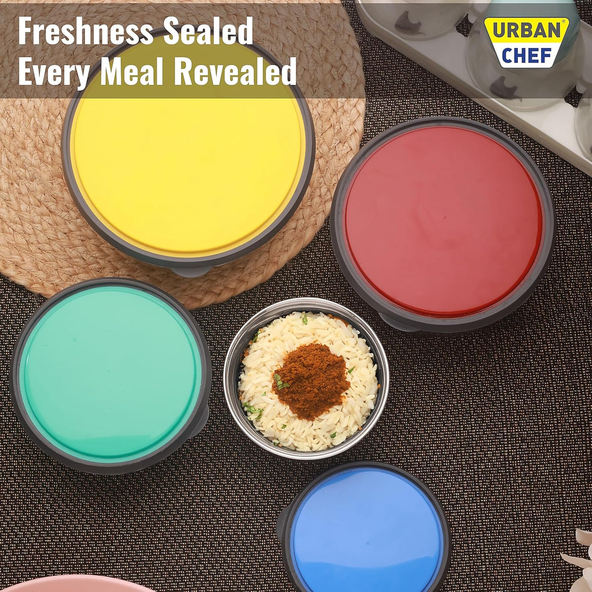 URBAN CHEF Fresca Stainless Steel Push & Lock Bowl Storage Set with Multi Colour Lid, 4-Pieces, 500 ml, 750 ml, 1150 ml, 1650 m