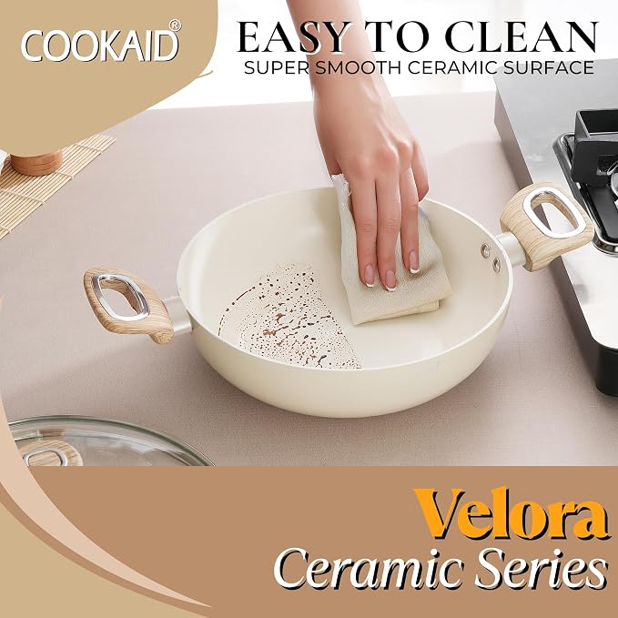COOKAID Cookware Set Non Stick | 7 Pcs Set - Kadhai with Lid, Fry Pan, Saucepan & Dosa Tawa with 2Pcs Nylon Tool | ISI Certified | Gas & Induction Compatible | Velora - Cream