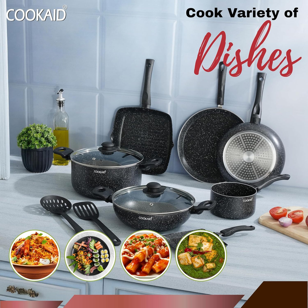 COOKAID Cookware Set Non Stick | 11Pcs Set - Kadhai & Casserole with Lid, 2Fry Pan, Toasting Pan, Saucepan & Dosa Tawa with 2Pcs Nylon Tool | Gas & Induction Compatible (Black, Cookware 11 pcs)