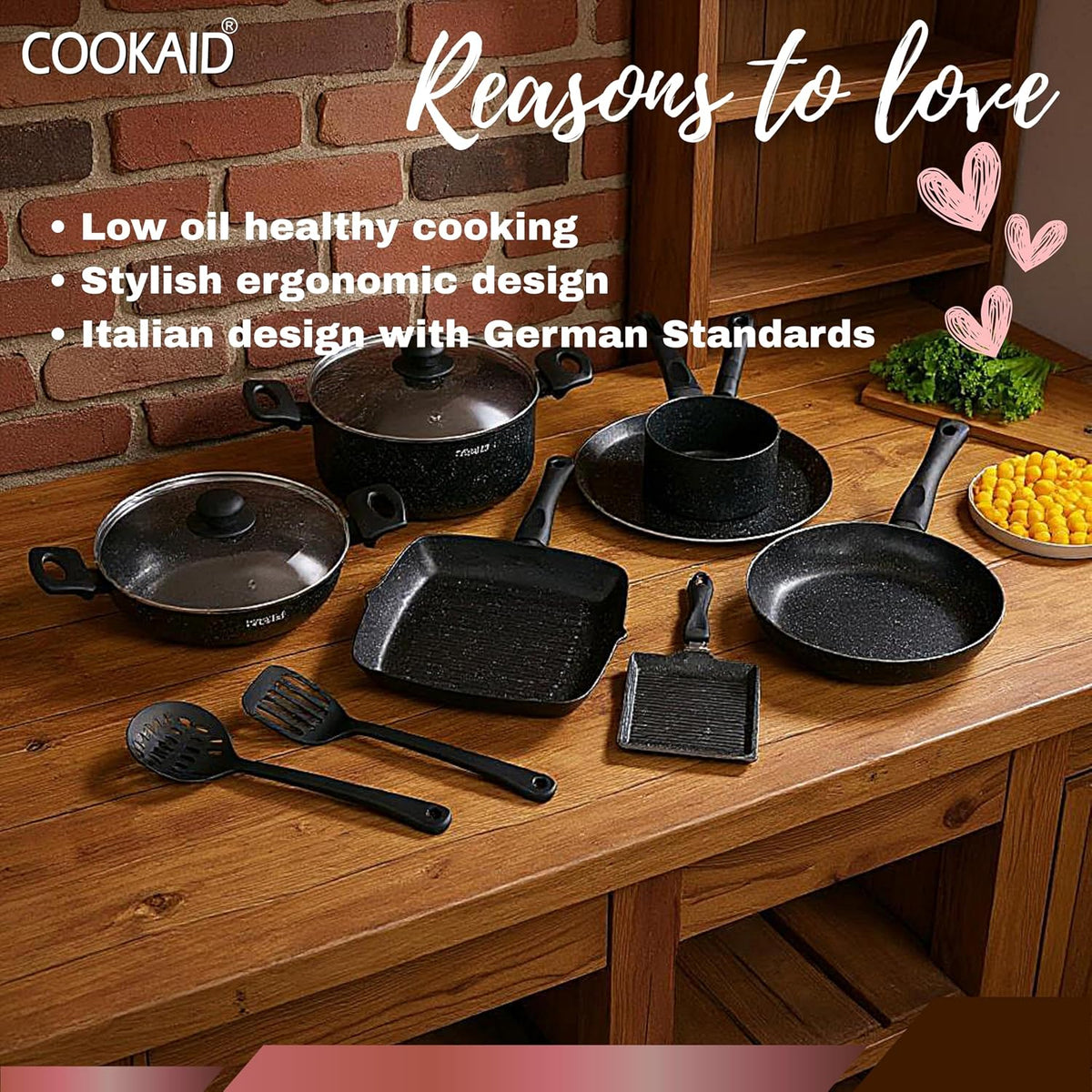 COOKAID Cookware Set Non Stick | 11Pcs Set - Kadhai & Casserole with Lid, 2Fry Pan, Toasting Pan, Saucepan & Dosa Tawa with 2Pcs Nylon Tool | Gas & Induction Compatible (Black, Cookware 11 pcs)