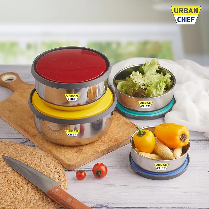 URBAN CHEF Fresca Stainless Steel Push & Lock Bowl Storage Set with Multi Colour Lid, 4-Pieces, 500 ml, 750 ml, 1150 ml, 1650 m