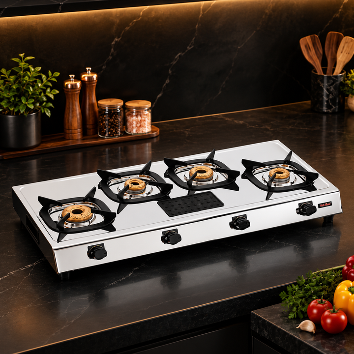 Rich Flame Gas Stove 4 Burners Steel Body | ISI Certified 4 Burner Stoves | Home & Kitchen Gas Chulha LPG & PNG Compatible | Manual Ignition Cooktops Stainless Steel Brass Burner | Quardo' Silicon