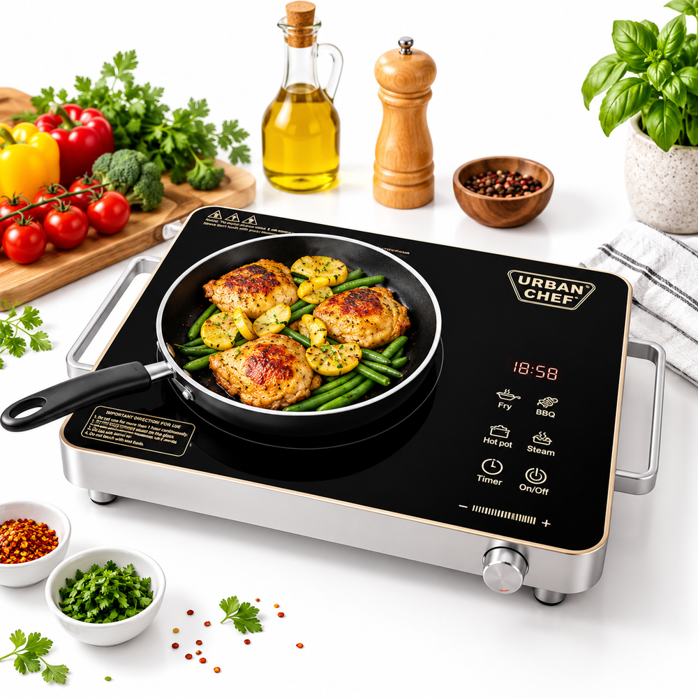 URBAN CHEF Grace Pro Infrared Cooktop 2200W | Touch Control Panel | Timer & Boost Mode With Digital Disply | Fast & Even Heating |Compatible with Glass,Stainless Steel, Aluminium (Black.)