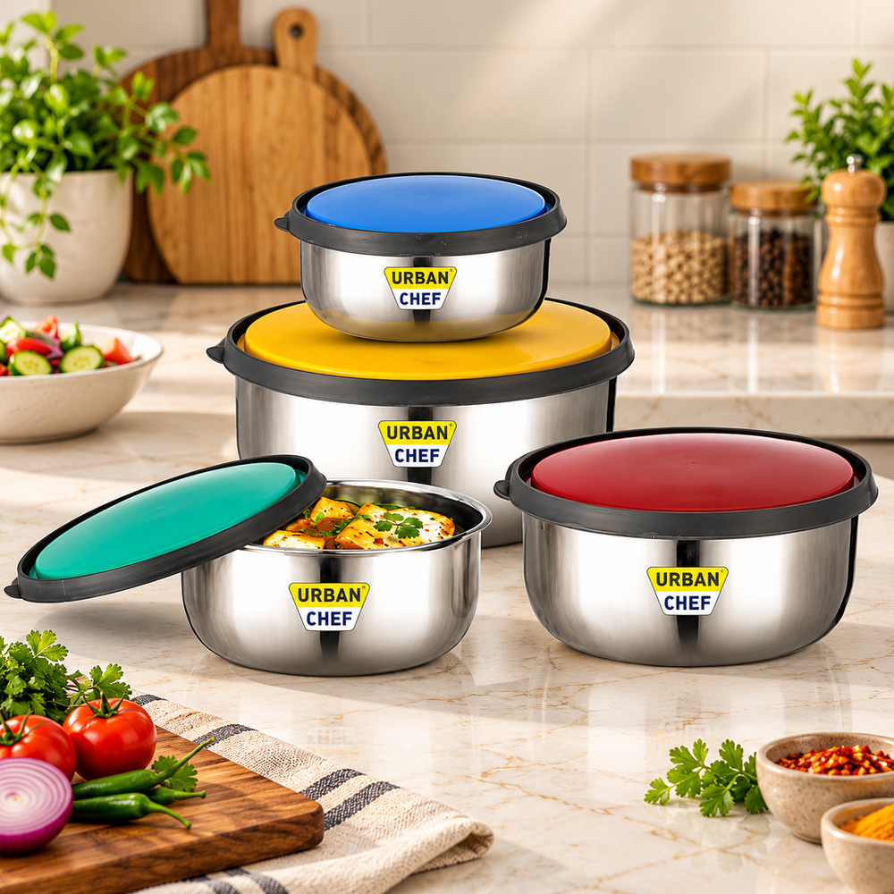 URBAN CHEF Fresca Stainless Steel Push & Lock Bowl Storage Set with Multi Colour Lid, 4-Pieces, 500 ml, 750 ml, 1150 ml, 1650 m