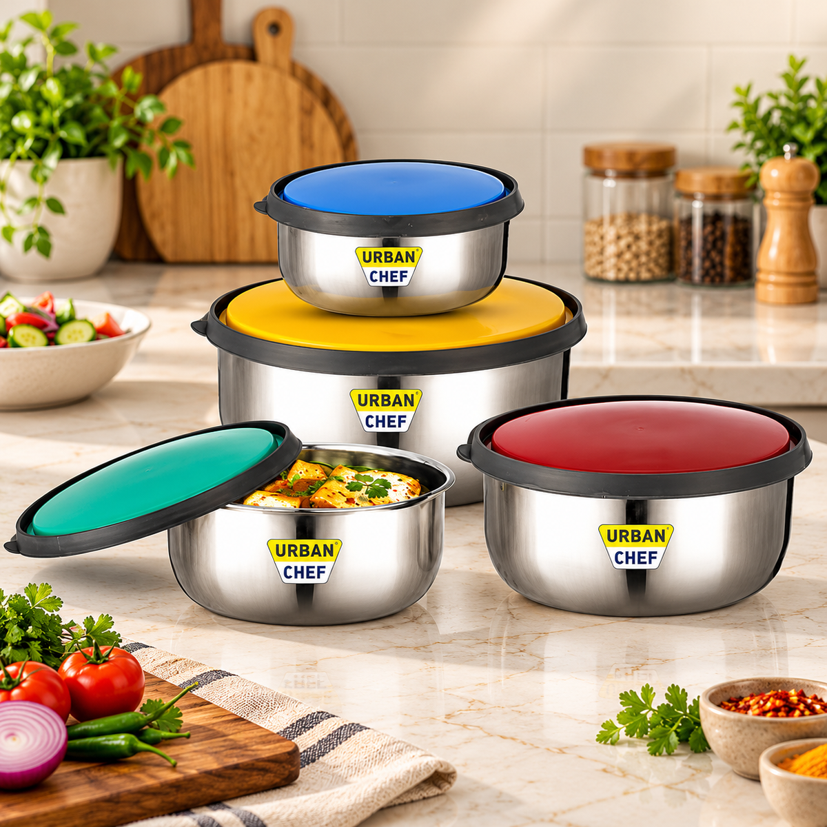 URBAN CHEF Fresca Stainless Steel Push & Lock Bowl Storage Set with Multi Colour Lid, 4-Pieces, 500 ml, 750 ml, 1150 ml, 1650 m