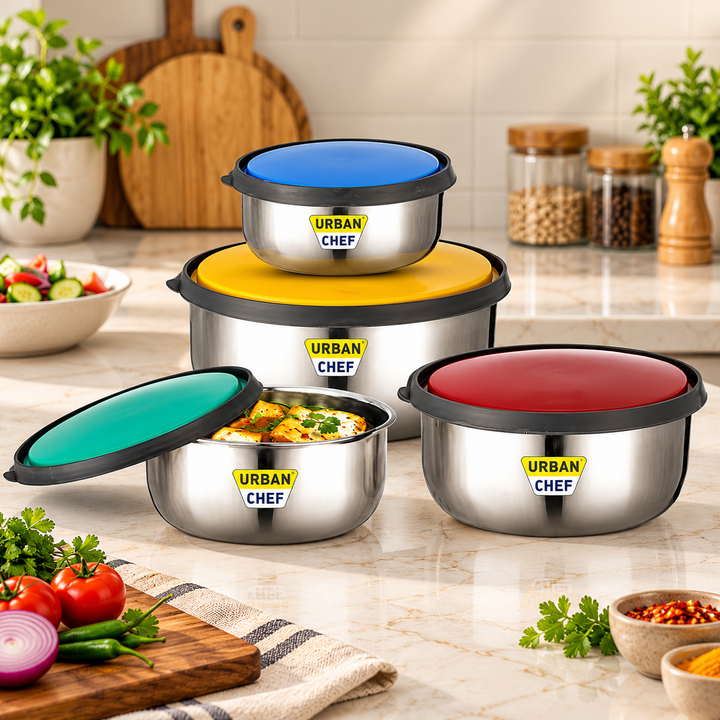 URBAN CHEF Fresca Stainless Steel Push & Lock Bowl Storage Set with Multi Colour Lid, 4-Pieces, 500 ml, 750 ml, 1150 ml, 1650 m