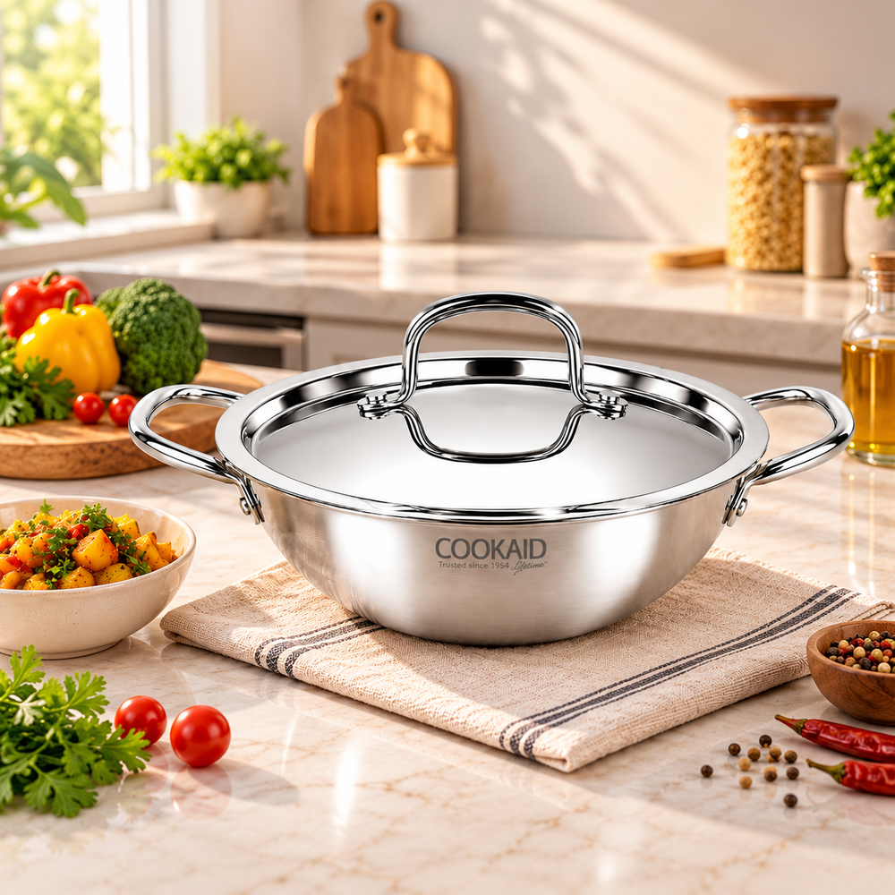 Cookaid Triply Stainless Steel Kadhai 24cm with Lid | 3-Layer Triply Base | Stainless Steel Handles | Induction & Gas Compatible | Heavy Gauge | Rust-Proof | Mirror Finish | SS With Lid