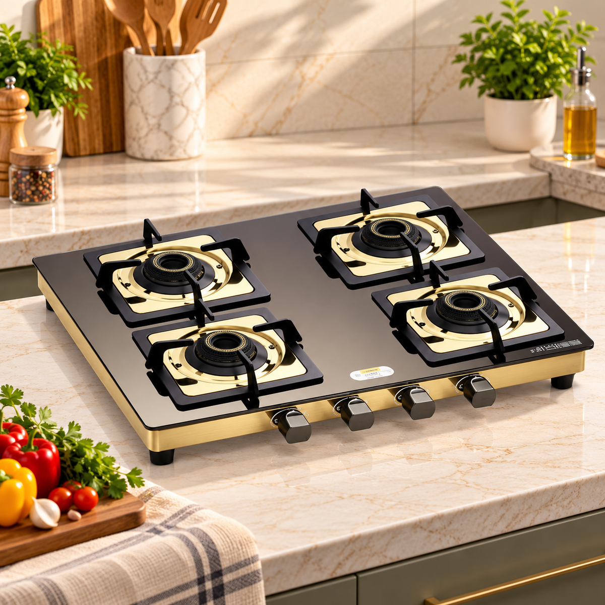 Urban Chef Gas Stove Tempered Glass | ISI Certified Stoves | Kitchen Gas Chulha LPG & PNG Compatible | Brass Burner Manual Ignition Cooktops | Glass Stove, 360° Nozzle-Gold PVD
