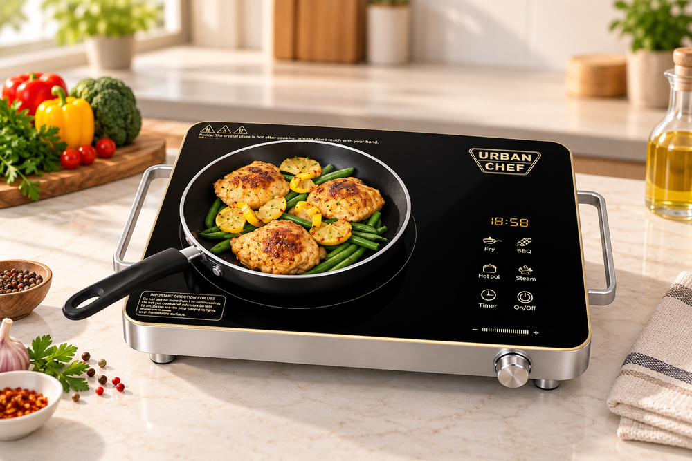 URBAN CHEF Grace Pro Infrared Cooktop 2200W | Touch Control Panel | Timer & Boost Mode With Digital Disply | Fast & Even Heating |Compatible with Glass,Stainless Steel, Aluminium (Black.)